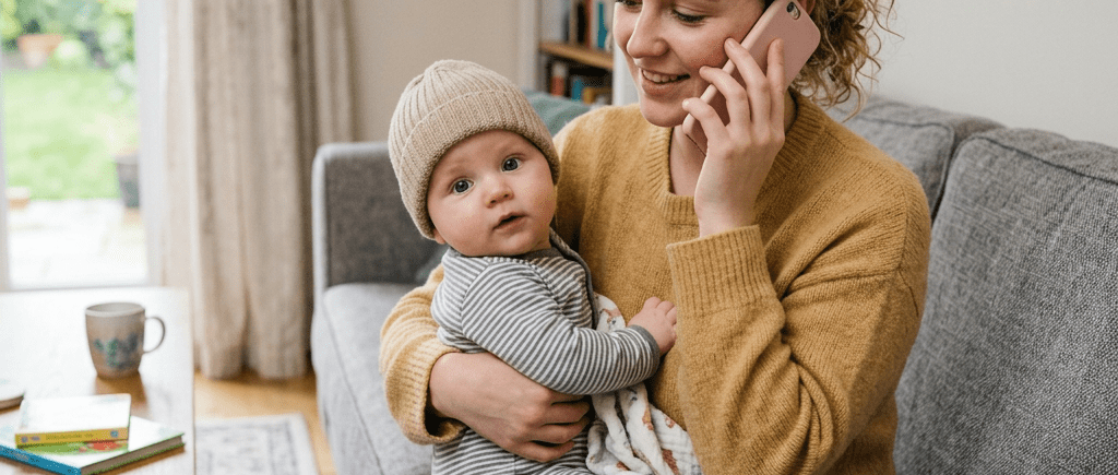 Mother sitting on couch holding baby and talking on phone